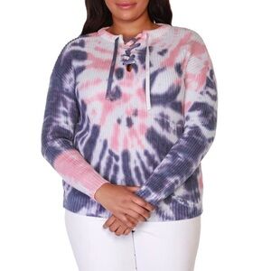 belle by belldini tie dye lace-up sweater in navy/pink guava size S & M